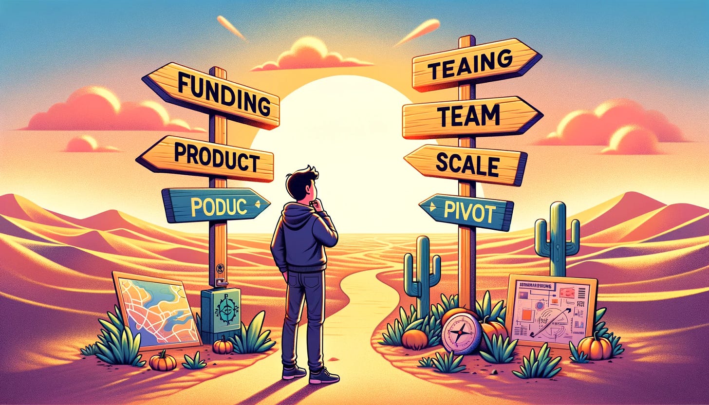 An illustration depicting a young entrepreneur standing at a crossroads in a vast desert, looking contemplatively at several signposts pointing in different directions. Each signpost bears an English word representing common startup challenges and decisions: 'Funding', 'Team', 'Product', 'Scale', and 'Pivot'. The entrepreneur is depicted with a map in one hand, symbolizing planning and strategy, and a compass in the other, representing guidance and direction. The sun is setting in the background, adding a sense of urgency to make the right decision. The style is colorful and slightly whimsical, engaging the viewer's imagination and conveying the complexity of startup decision-making.