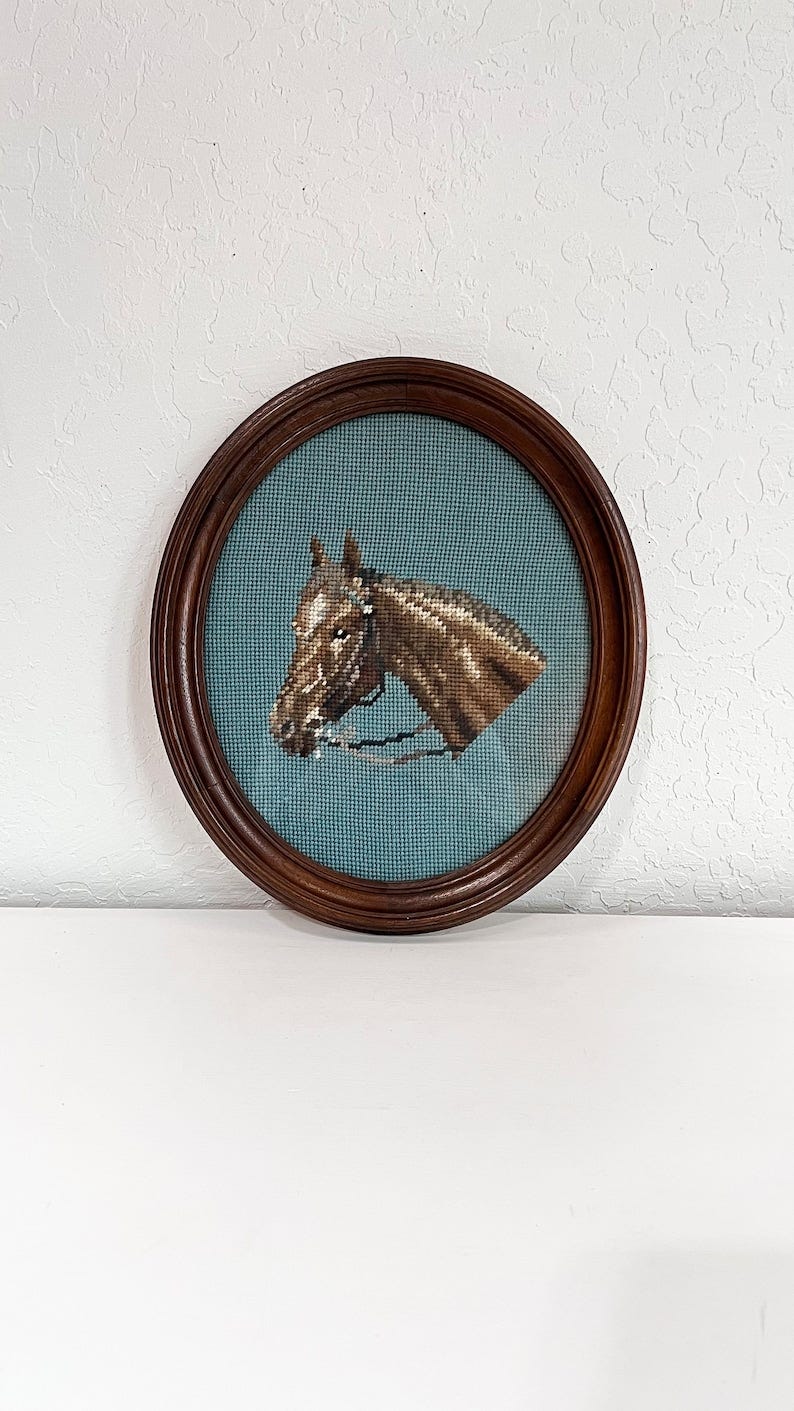 Beautiful Horse Vintage Needlepoint Oval Frame image 1