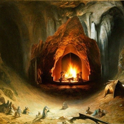 AI Image Generator: A dark cave with a fireplace in the background and a  marble alter dedicated to the dragon