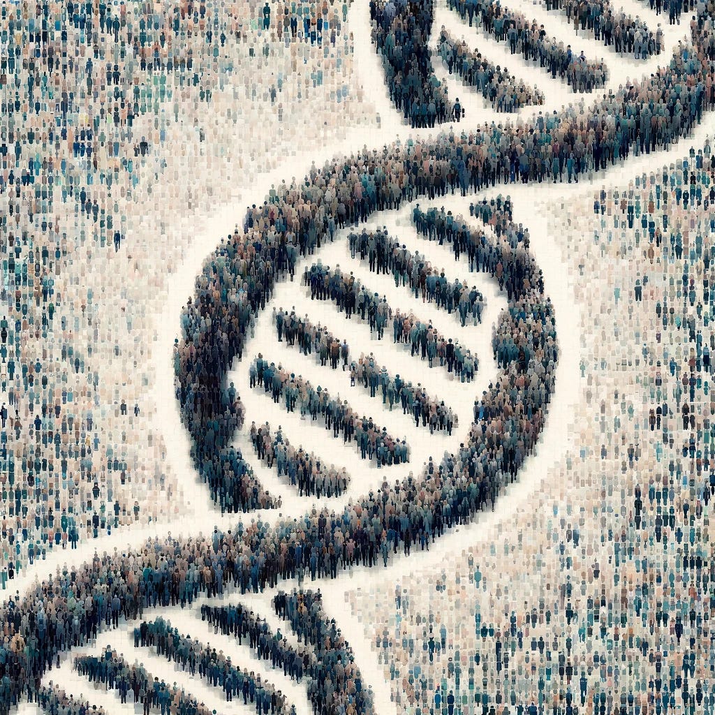 A mosaic tile design composed of millions of human silhouettes forming the shape of a right-handed DNA double helix. The silhouettes are intricately detailed and packed closely together, but with desaturated colors to create a more subdued and monochromatic appearance. The DNA shape is clearly recognizable with its helical structure and twisting ladder. The background is a contrasting shade of gray to make the DNA structure stand out, enhancing the overall intricate and refined appearance of the mosaic tile.