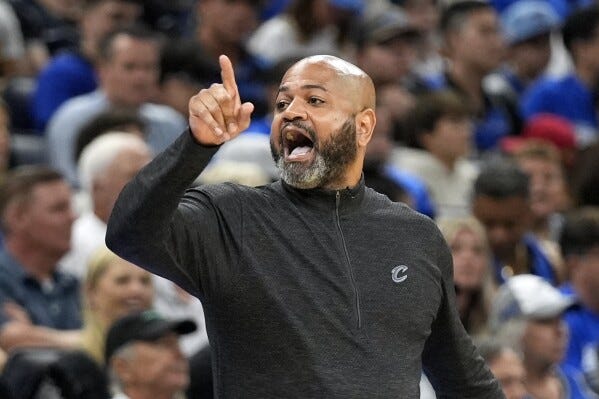 FILE - Cleveland Cavaliers head coach J.B. Bickerstaff shouts at his team during the first half of Game 6 of an NBA basketball first-round playoff series against the Orlando Magic, Friday, May 3, 2024, in Orlando, Fla. Bickerstaff was fired as Cleveland's coach on Thursday, May 23, 2024, despite leading the Cavaliers through an injury-ravaged season and into the second round of the NBA playoffs. (AP Photo/John Raoux, File)