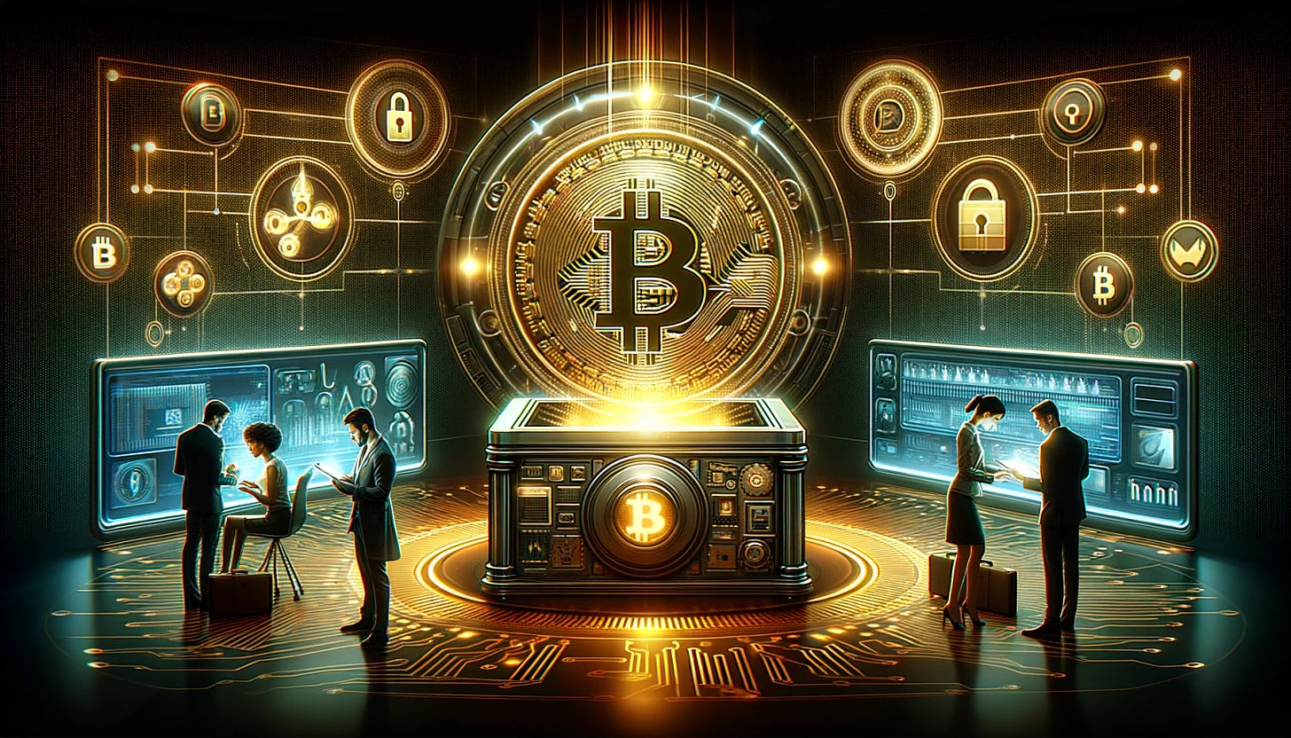 A banner image depicting Bitcoin multisignature custody technology. The scene shows a highly secure, futuristic digital vault with multiple security layers. In the foreground, there's a stylized Bitcoin logo, glowing with a golden hue. Around it, three diverse individuals (a Caucasian woman, a Black man, and an Asian man) are using advanced digital interfaces to provide their unique signatures, symbolizing the multisignature aspect. The background features complex cryptographic symbols and digital locks, representing the security and technology behind multisignature custody. The atmosphere is high-tech and secure, conveying the advanced nature of the technology.