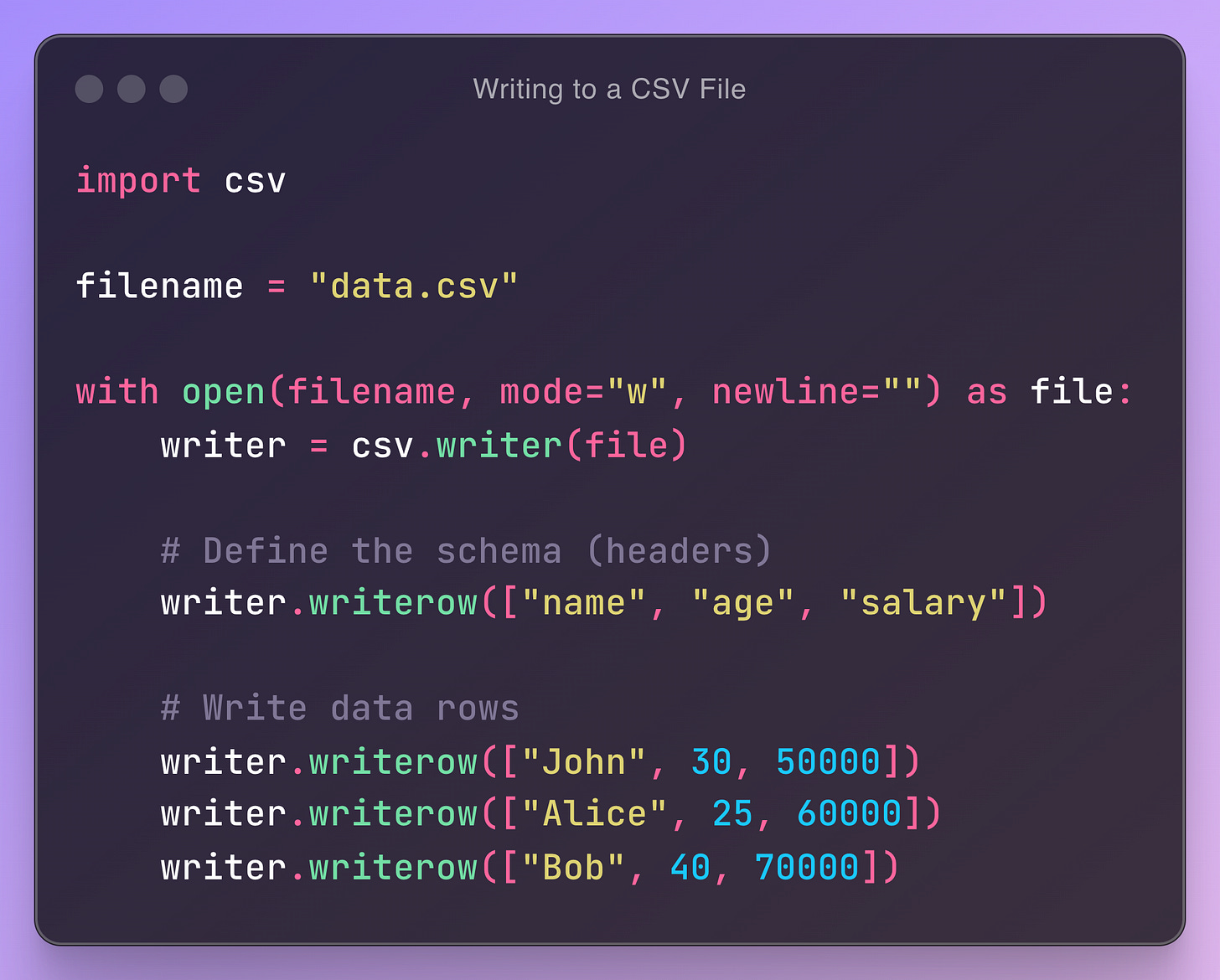 import csv    filename = "data.csv"    with open(filename, mode="w", newline="") as file:     writer = csv.writer(file)          # Define the schema (headers)     writer.writerow(["name", "age", "salary"])          # Write data rows     writer.writerow(["John", 30, 50000])     writer.writerow(["Alice", 25, 60000])     writer.writerow(["Bob", 40, 70000])