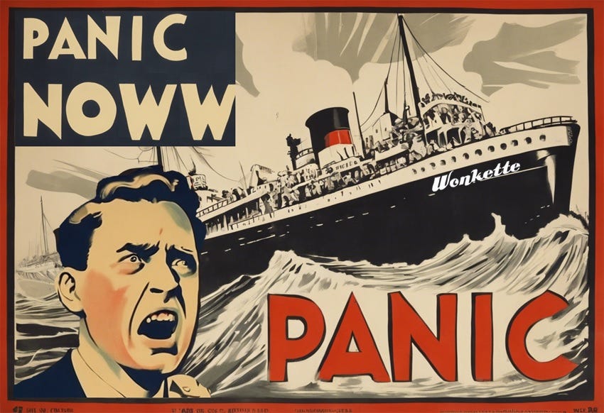weird AI generated propaganda poster with a ship in heavy seas, the words 'PANIC' and 'PANIC NOWW' (sic) and an image of a screaming man's face.