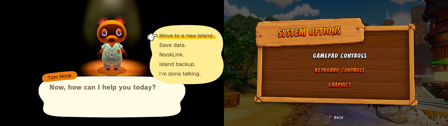 Menu UI from Animal Crossing & Crash