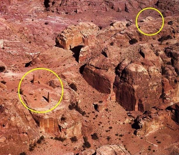 Jebel al-Madhbah, showing the location of the summit shrine and the terrace below it. Jebel al-Madhbah, showing the location of the summit shrine and the terrace below it.