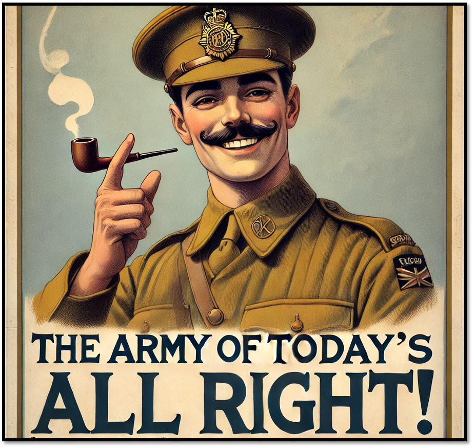 A cartoon illustration of a cheerful British soldier in an olive-brown dress uniform, wearing a military hat. The soldier, sporting a full moustache, holds a lit pipe near his mouth with his right hand. The background features a muted grey-blue tone. Below the image, the caption reads, “The Army of Today’s All Right!” which is a popular recruiting slogan of the post-World War I era. 