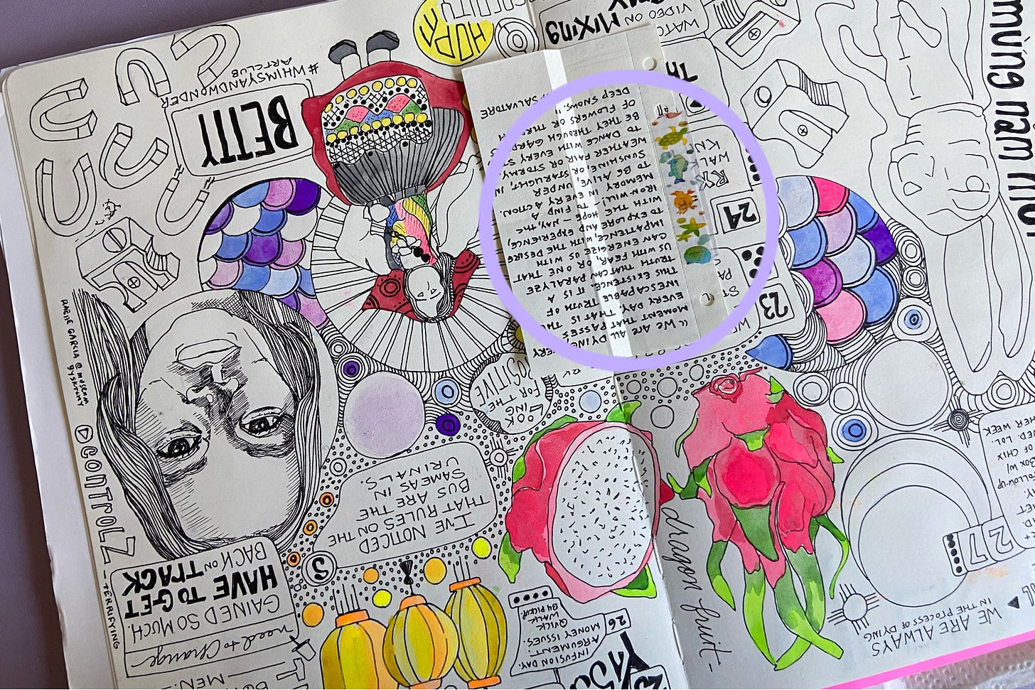 Illustrated journal page examples with privacy steps highlighted - copyright A Cowen 
