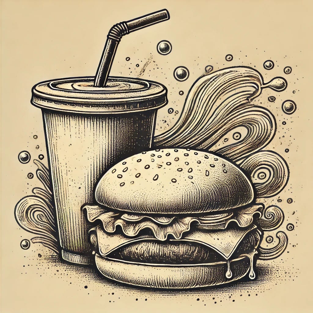 A slightly more abstract illustration of a hamburger and a soda cup in a vintage inked style. The hamburger and soda cup are depicted with organic, flowing shapes that suggest their forms in an abstract, artistic manner. The soda cup remains plain, without any text or branding, and the color palette uses muted, neutral tones. The inked lines and shading create a textured, artistic effect, blending vintage detail with a stylized, abstract representation.
