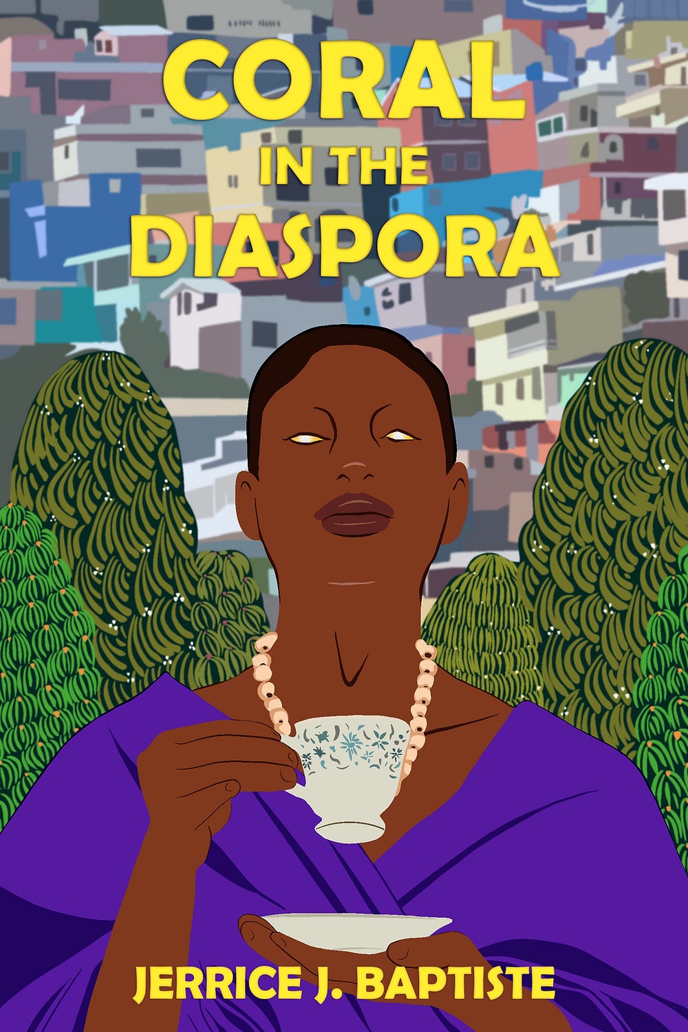 Coral in the Diaspora cover, featuring an illustration of a Haitian woman drinking a cup of tea with trees and a cityscape in the background