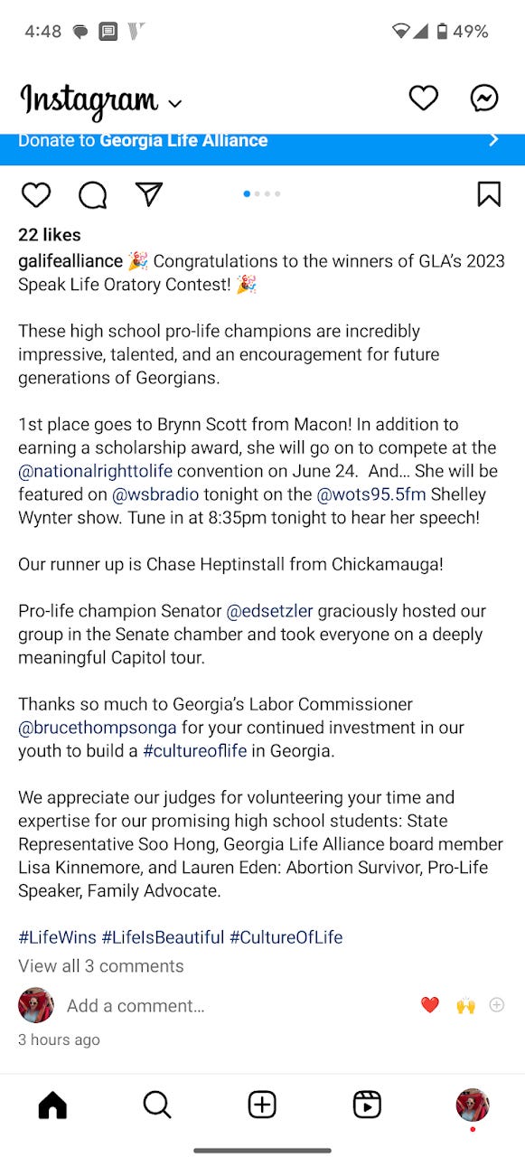 instagram post from Georgia Life Alliance's annual high school oratory competition. 