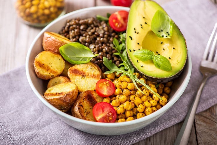Vegan Bowl With sauteed potatoes, lentils, and chickpeas