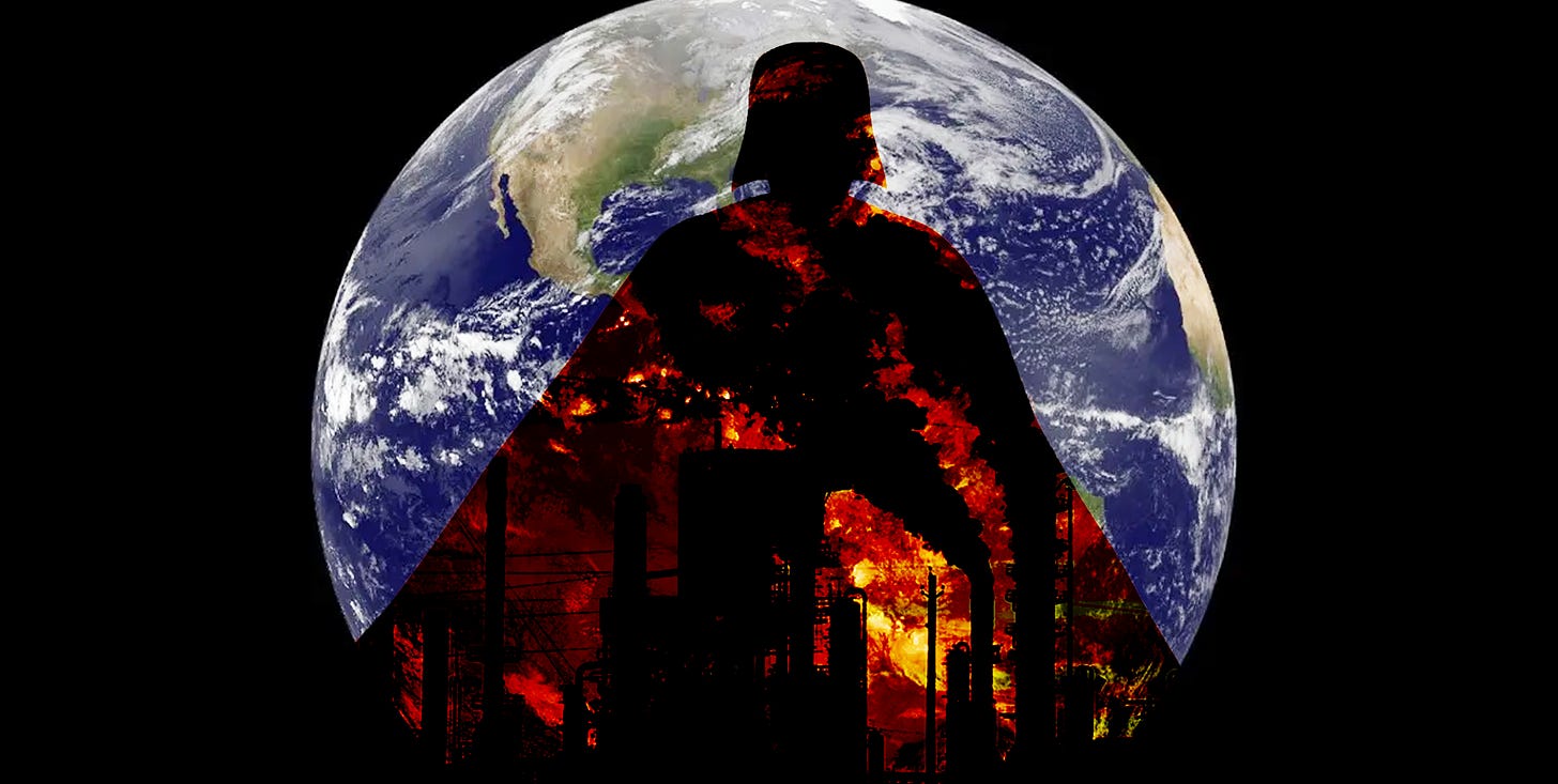 An image of Earth taken from space, over which is projected the unmistakable shape of Dark Vader, in whose silhouette is reflected a dark and burning oil refinery.
