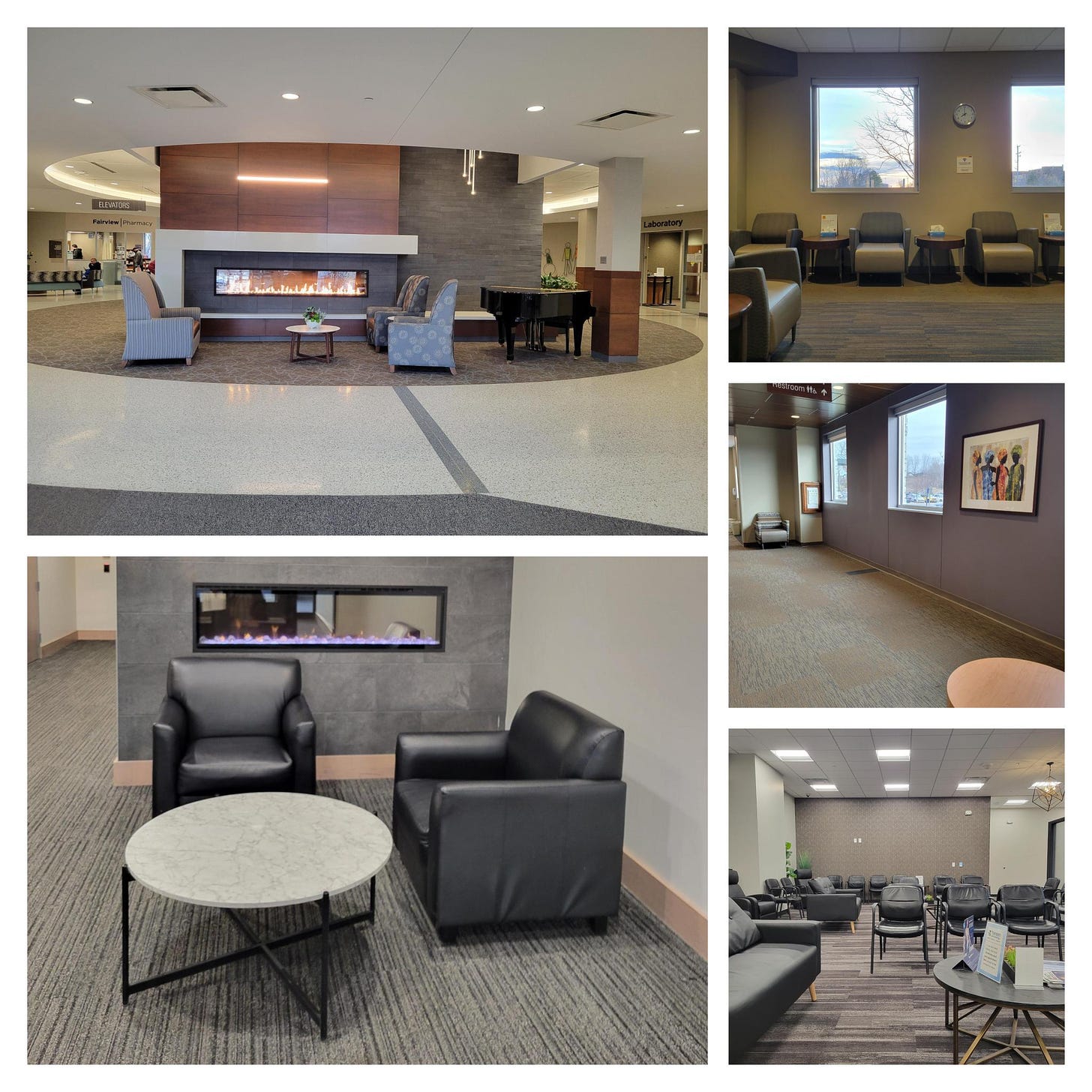 A five photo collage of waiting areas at the various health centers I have visited lately. They show empty waiting rooms and hallways with matching furniture and fireplaces.
