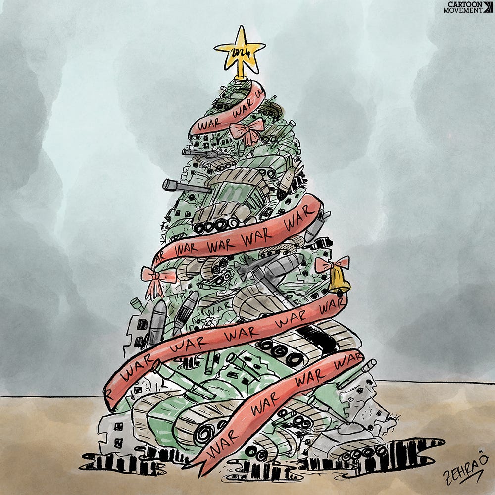 Cartoon showing a Christmas tree. The star on top has the label ‘2o24’ and the garlands are labeled ‘war’, The Christmas tree itself is made of ruined buildings and tanks.