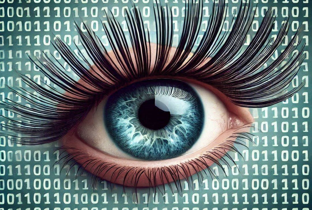 A large, feminine eye with long lashes looms over a digital matrix of binary code