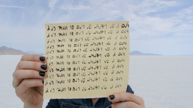 Karrie on the Bonneville Salt Flats holding up an unrolled scroll with I am trying to get as honest as I can written on it repeatedly in Deseret Alphabet.