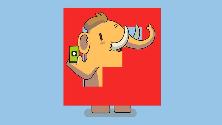 mastodon mascot peeking out of the flipboard logo holding an android phone