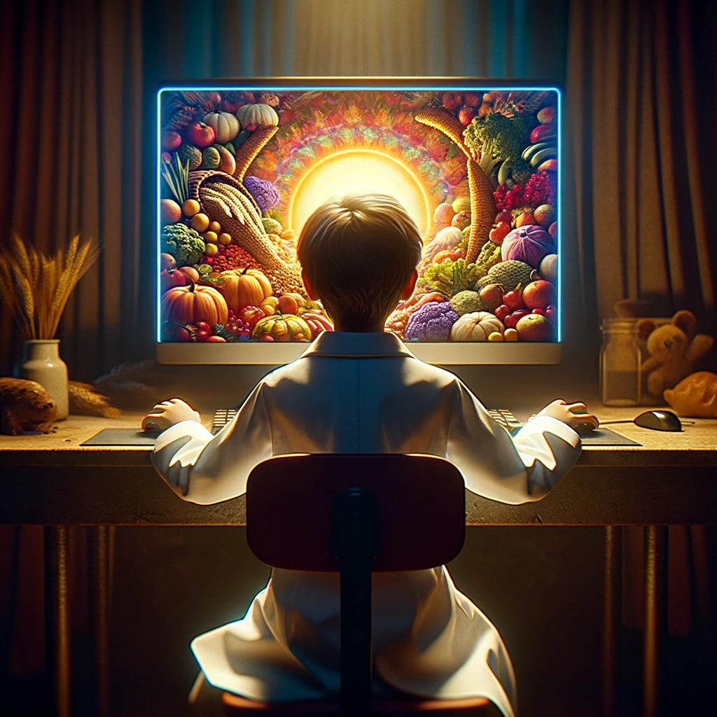 The image depicts the back view of the young boy, now seated in front of a computer within a dimly lit room that hints at a cozy, personal workspace. He's still in his white lab coat, which is draped over the chair, suggesting a more relaxed setting. The computer screen glows brightly in the otherwise subdued lighting, displaying a vivid, colorful image of a cornucopia overflowing with an abundance of fruits, vegetables, and grains, symbolizing plenty and nourishment. The boy's posture indicates he is intently focused on the screen, possibly researching or engaging with the content displayed. The room is devoid of any animals or unrelated distractions, emphasizing the boy's concentration and the task at hand.
