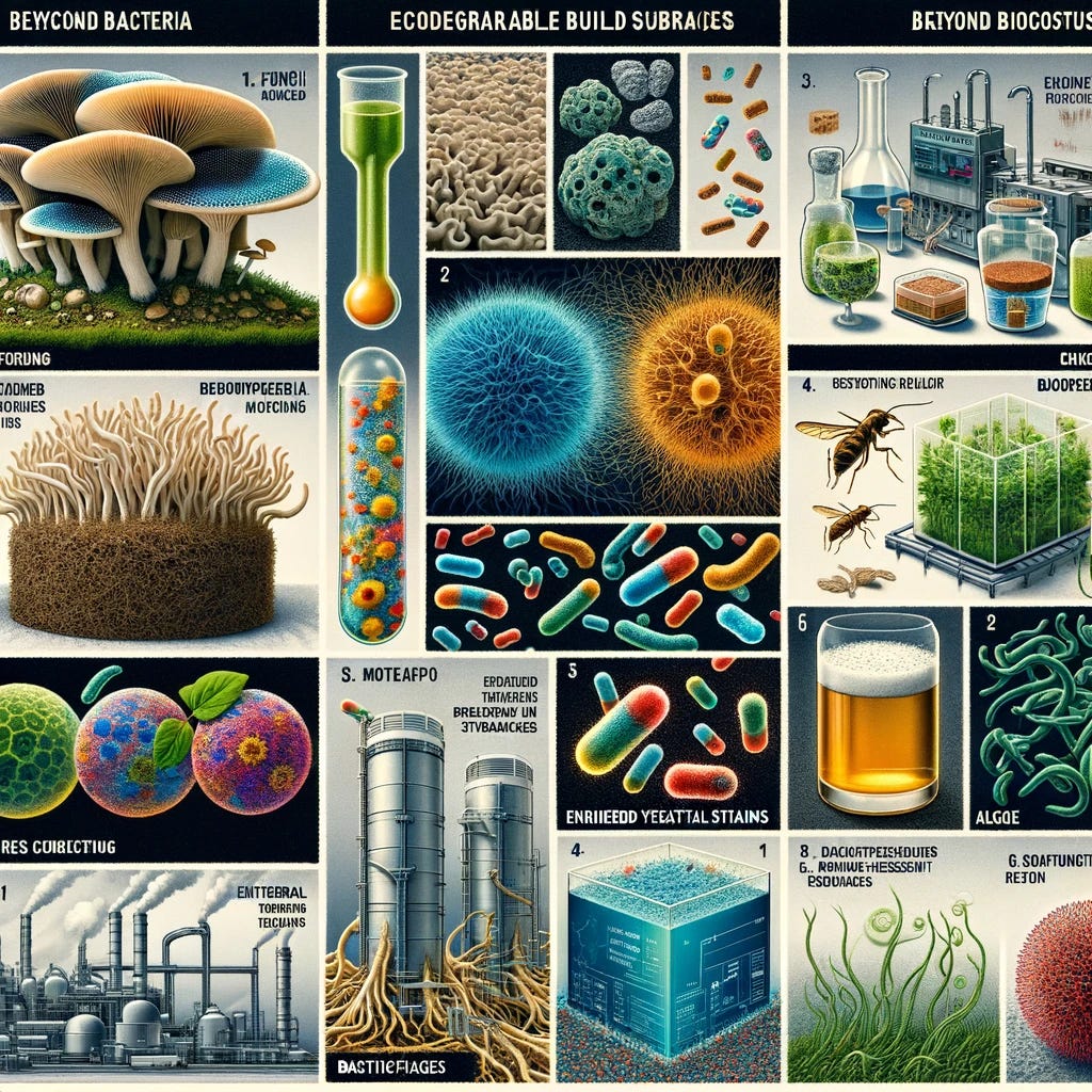Visualize a collage showcasing the diverse applications of various forms of life beyond bacteria in our daily lives. The image includes: 1. Fungi used in creating sustainable materials like biodegradable packaging and eco-friendly building substances, showing mycelium being used for its robust yet decomposable properties. 2. Engineered yeast strains producing bioethanol and bioplastics as renewable alternatives to fossil fuels. 3. Algae in bioreactors capturing carbon dioxide and producing biofuels, contributing to climate change mitigation. 4. Bacteriophages used for targeted treatments of bacterial infections, particularly antibiotic-resistant strains, as a solution to antibiotic resistance. This collage illustrates the innovative and sustainable use of various life forms in addressing environmental, health, and sustainability challenges.