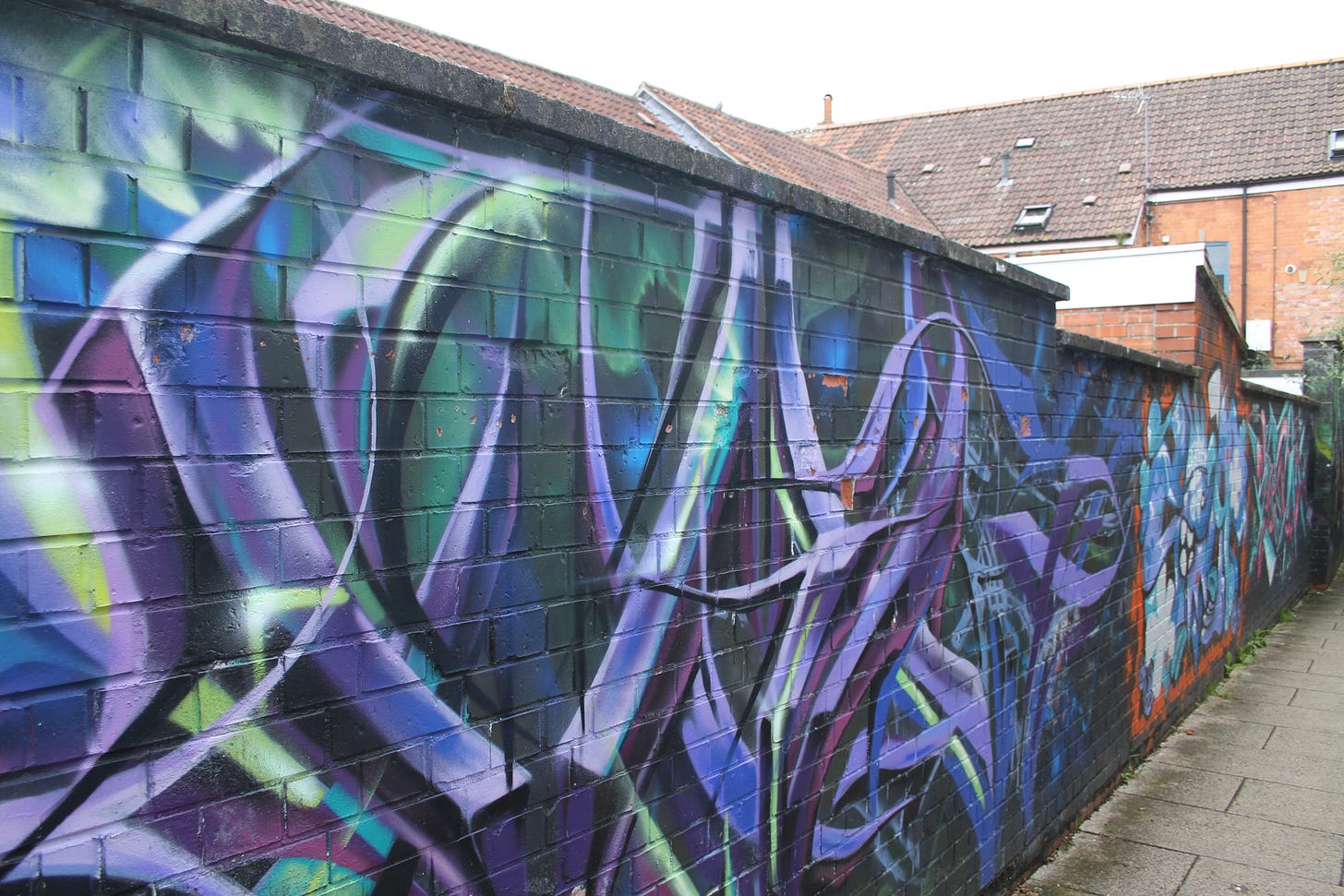 Brightly painted wall in alleyway behind houses