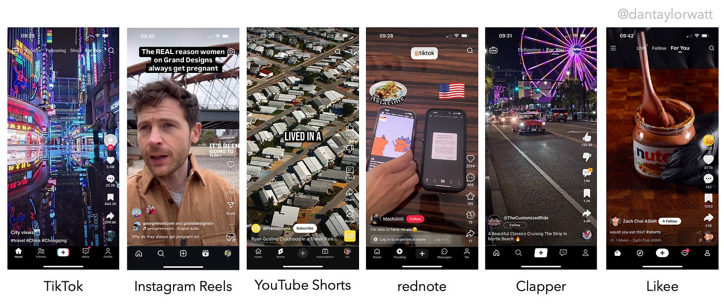 Screengrabs of TikTok, Instagram Reels, YouTube Shorts, rednote, Clapper & Likee