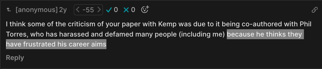 I think some of the criticism of your paper with Kemp was due to it being co-authored with Phil Torres, who has harassed and defamed many people (including me) because he thinks they have frustrated his career aims