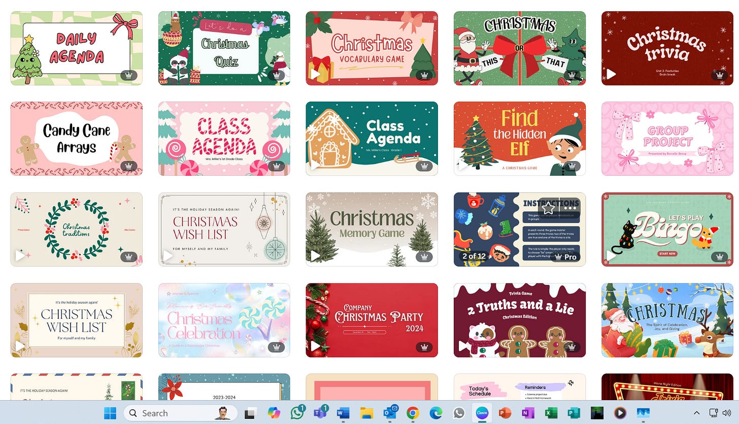 Screen print of games from Canva such as Christmas quiz, candy cane arrays, christmas wish list