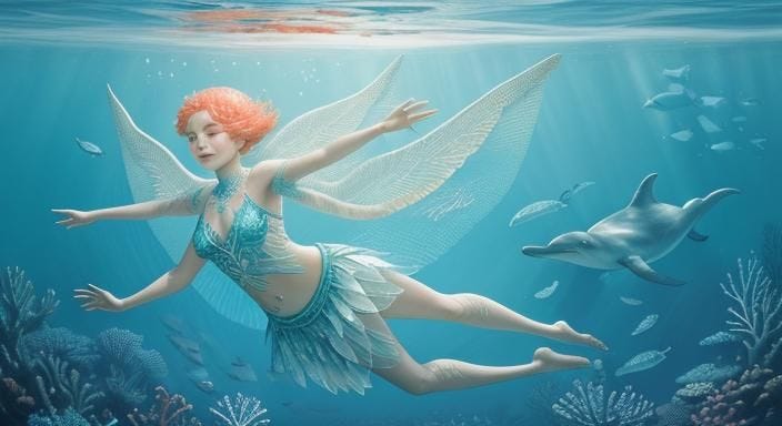 a seemingly serene water angel with scales that transform into intricate coral patterns, hinting at hidden depths beneat...