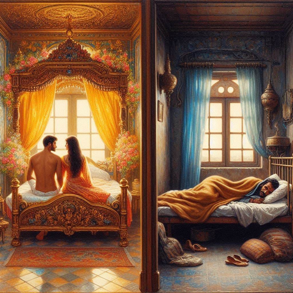 Two rooms. One is a man sleeping next to a beautiful woman in a beautiful, ornate bed, the other is a man shivering alone on a crude cot with no blankets. Slight impressionist style