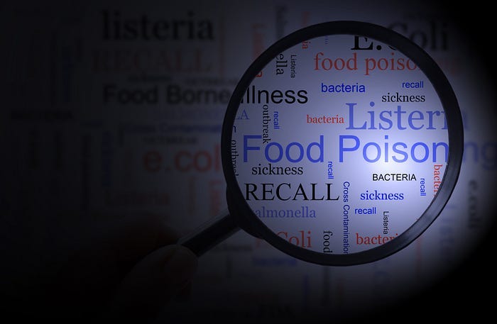 Magnifying glass over a word cloud which has the words “Poison,” “Food,” “Recall,” “Bacteria,” “Illness” and other words associated with foodborne illnesses or disease.