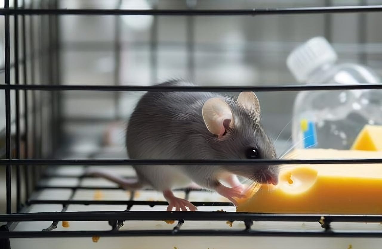 A mouse trapped inside a cage, nibbling on a piece of cheese, unaware that it is part of a trap.