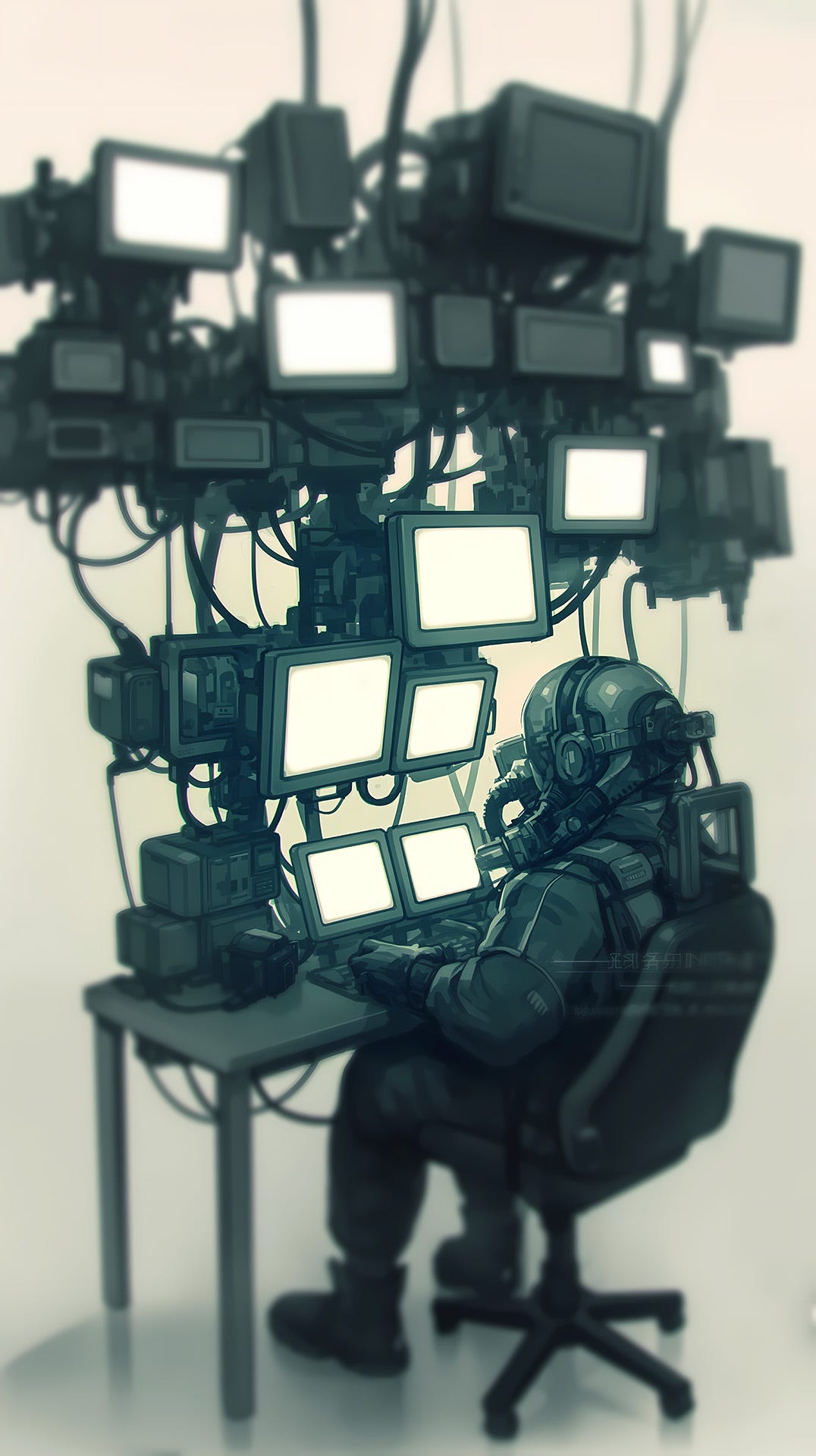 A figure in protective gear sits at a desk facing multiple glowing monitors stacked chaotically above them. The monitors are connected by tangled cables, creating a wall of screens. The image has a soft, teal-tinted monochromatic palette. Style: Dystopian sci-fi digital art with atmospheric depth-of-field effects. Themes: Information overload, sensory processing challenges, the struggle to filter and process multiple inputs simultaneously - resonating with the AuDHD experience of trying to manage overwhelming streams of information while maintaining focus.