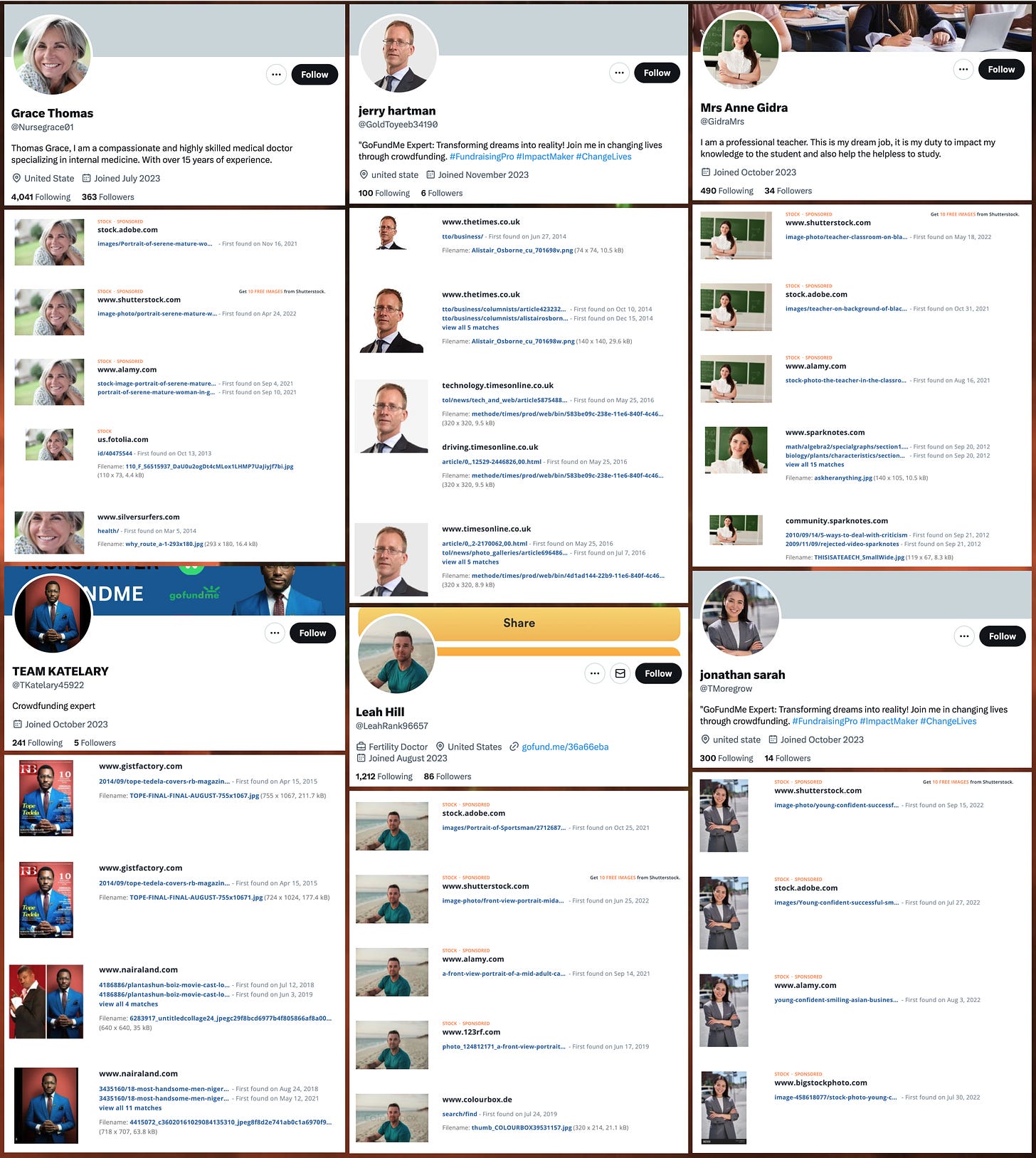 screenshots of the profiles of crowdfunding spam accounts, and screenshots of TinEye searches showing that the profile photos are plagiarized