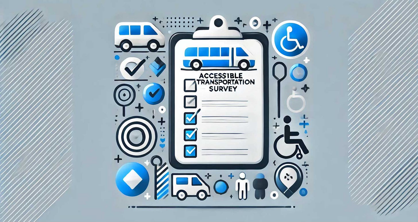 Image with clipboard reading accessible transportation survey and featuring icons related to disability.