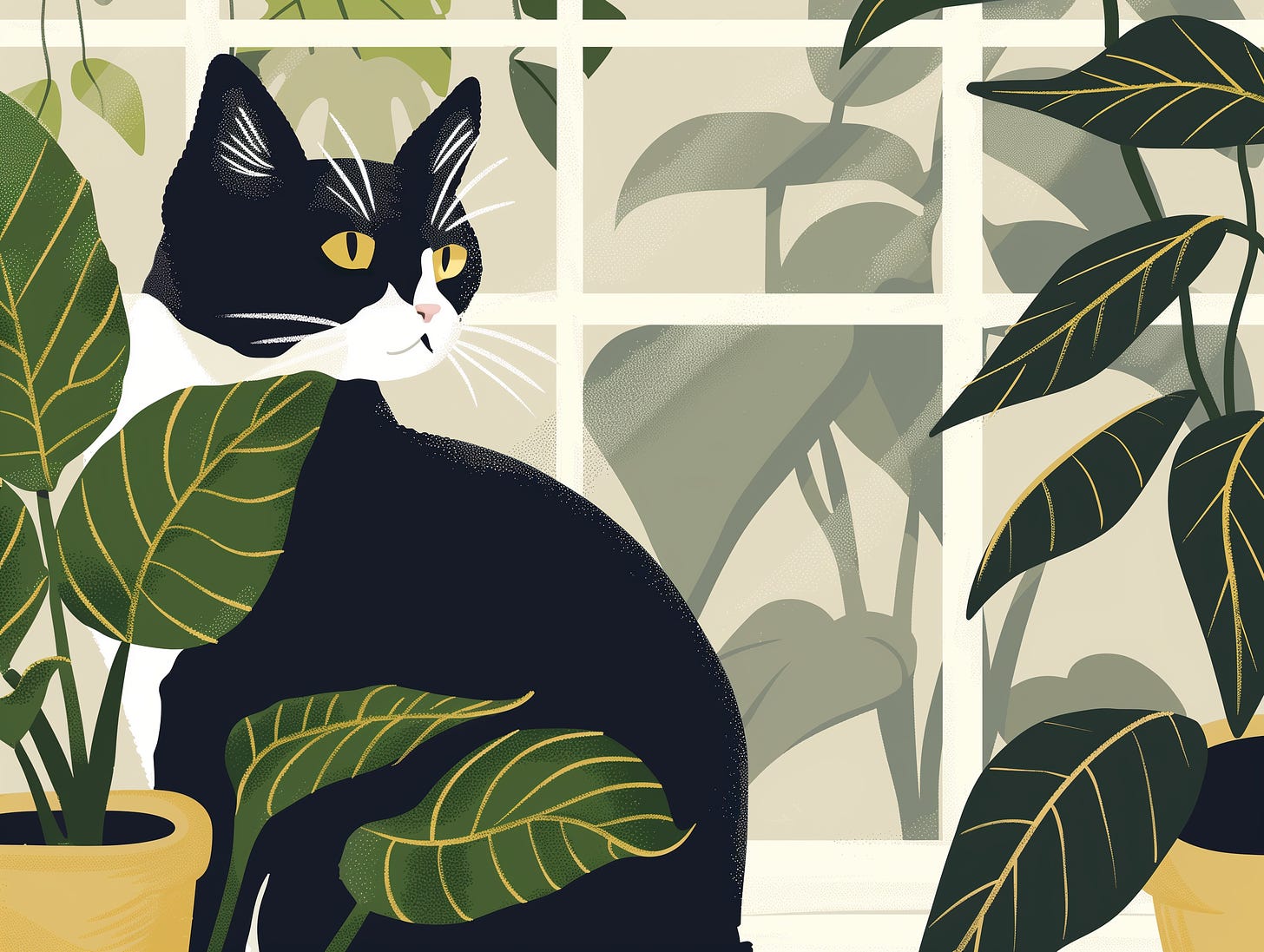 A simple, elegant illustration of a tuxedo cat with yellow eyes. The cat is sitting among green potted plants, looking back over its shoulder. The background shows a window with soft light filtering through.