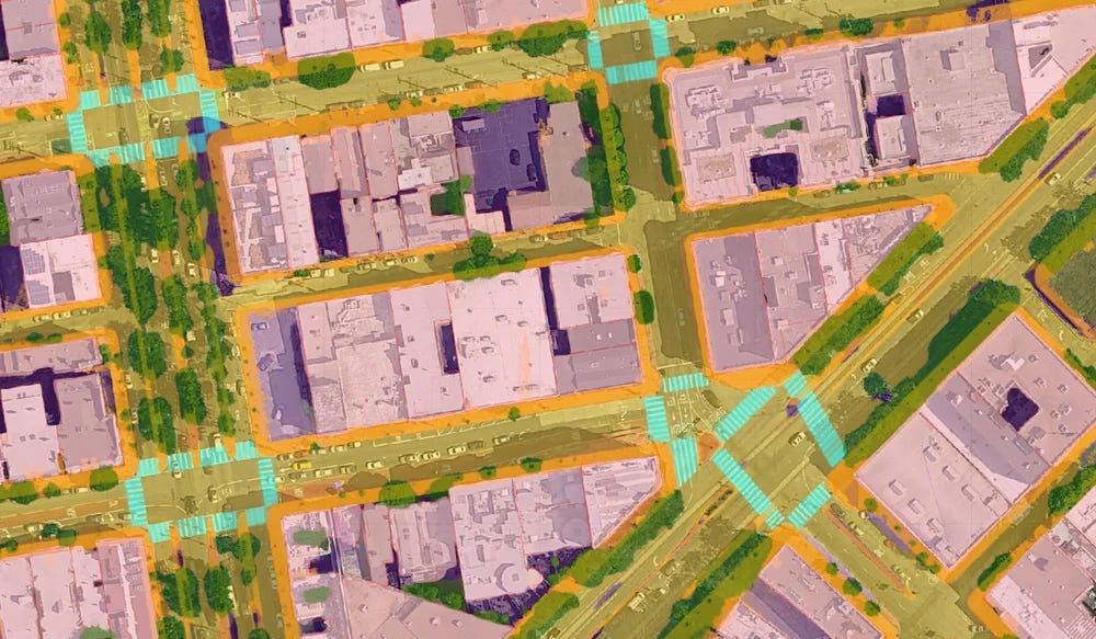 Google fotos detectando ruas, quadras e até mesmo passarelas para pedestres tudo com IA.