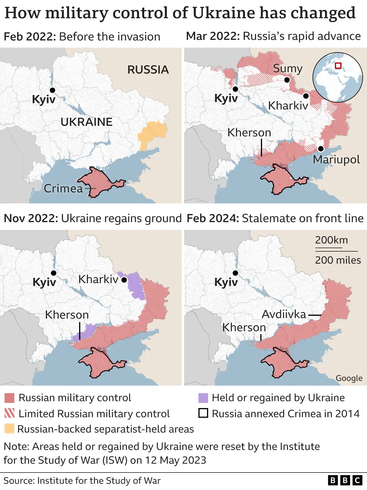 Four maps showing how the situation has changed on the ground since Russia's invasion.