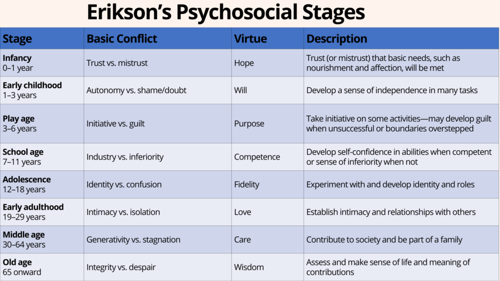 An overview of the Erikson Psychological Stages. There is a LOT of text on this, so please search for a more dedicated version you can view with a screen-reader.