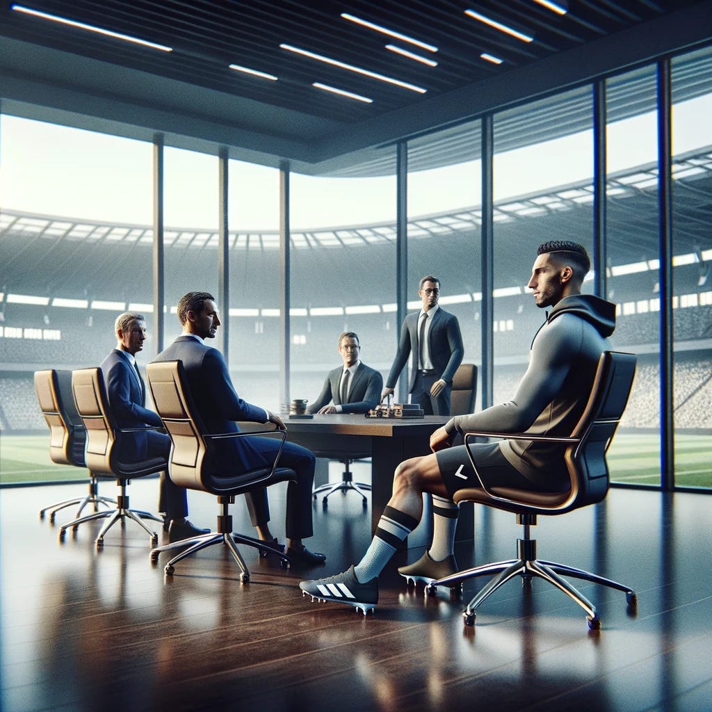 A photorealistic cinematic scene of a meeting between a top football player and executives of a major sportswear brand. The setting is a modern, luxurious office with a large conference table. The football player is in athletic wear, sitting confidently, while the executives are in business suits. In the background, there's a large window overlooking a football stadium. The atmosphere is professional and dynamic, capturing the essence of a high-level business negotiation in the world of sports.