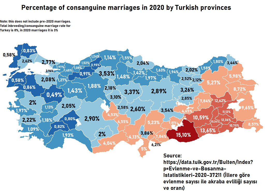 Percentage of consanguine/cousin marriages in 2020 by Turkish provinces  (TÜİK data) : r/MapPorn