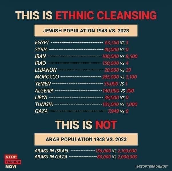 May be an image of text that says 'THIS IS ETHNIC CLEANSING JEWISH POPULATION 1948 vs. 2023 VS 00,00 VS VS VS VS EGYPT- EGYPT-------- SYRIA IRAN IRAQ LEBANON MOROCCO YEMEN ALGERIA LIBYA TUNISIA-- GAZA VS VS VS VS VS 949 VS THIS IS NOT ARAB POPULATION 1948 vs. 2023 STOP TERROR NOW ARABS IN ISRAEL ARABS IN GAZA VS VS @STOPTERRORNOW'