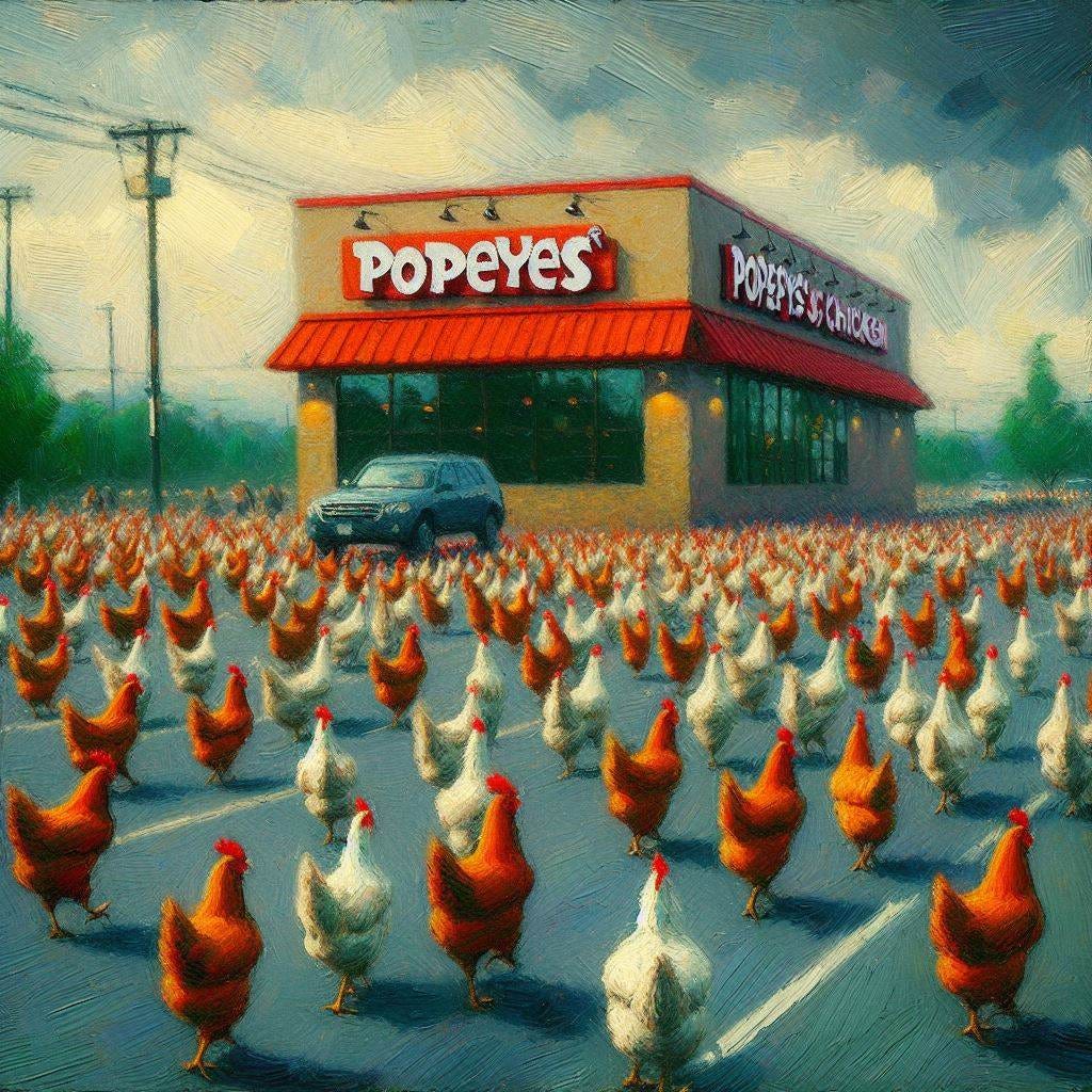 A chicken leading an army of chickens to the Popeyes Chicken parking lot, impressionism