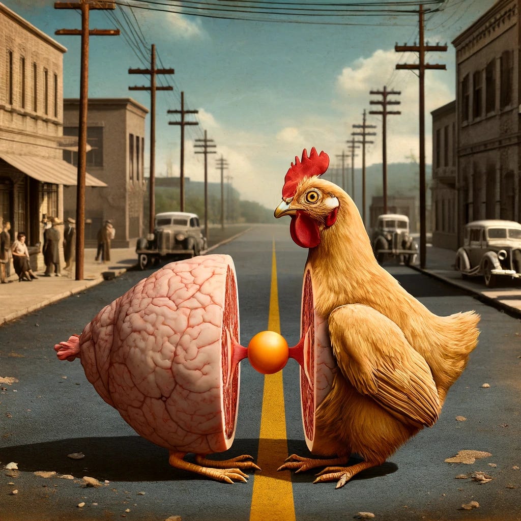 A revised scientific illustration inspired by Lise Meitner's concept of nuclear fission from 1939. The scene vividly shows a chicken, symbolizing an atom, split into two distinct halves. One half of the chicken is on one side of an old 1930s road, and the other half is directly opposite on the other side, effectively conveying the idea of atomic split. The setting maintains a 1930s streetscape, enhancing the historical context. This creative depiction uses elements of surrealism to visually represent complex scientific principles in a straightforward and engaging manner.