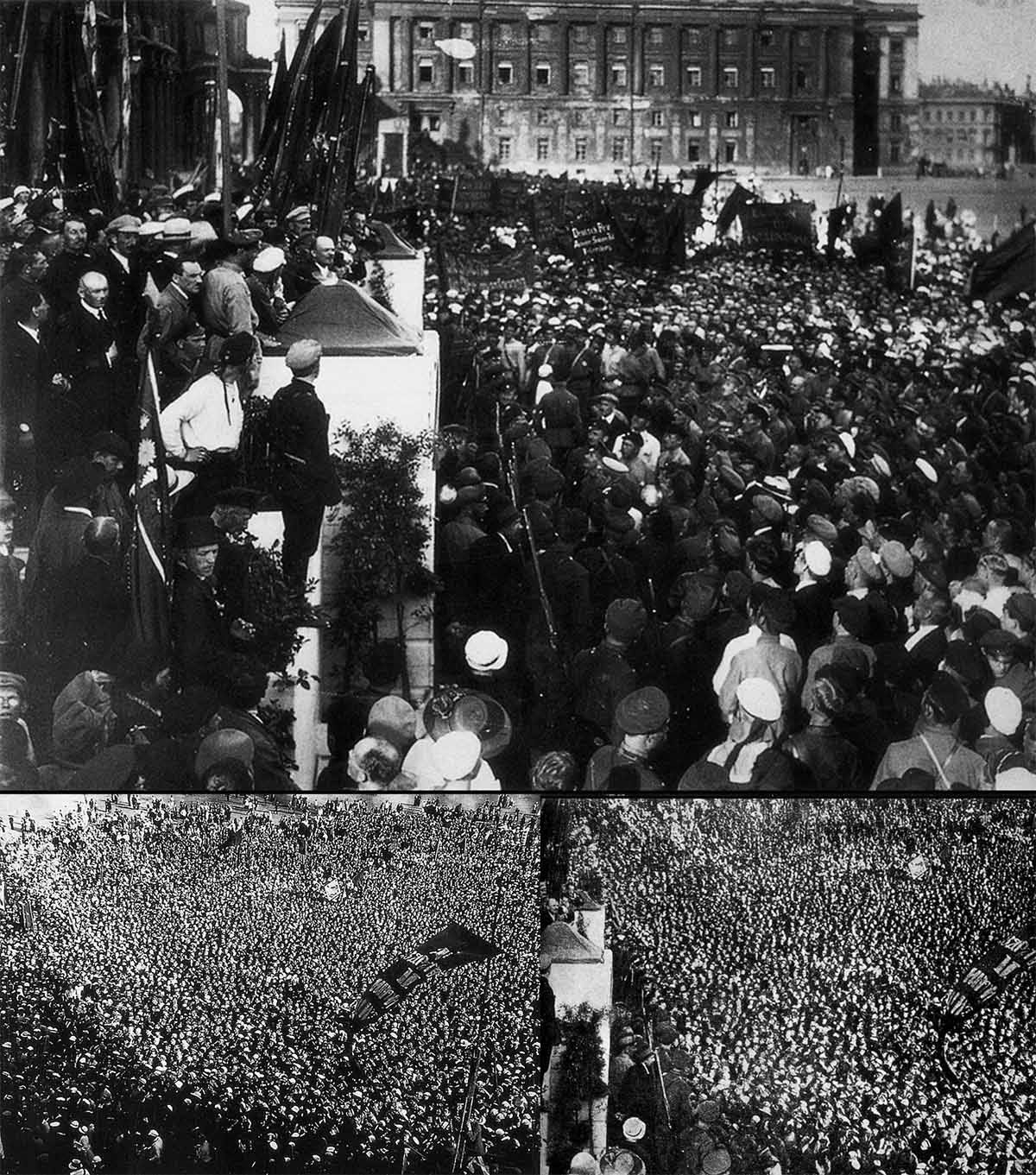 Here’s another case of embellishing a picture with extra details. Lenin was speaking to a crowd in 1920 but four years later, before publishing the image, the editors decided to make his audience bigger – so they used a larger crowd from another photo.