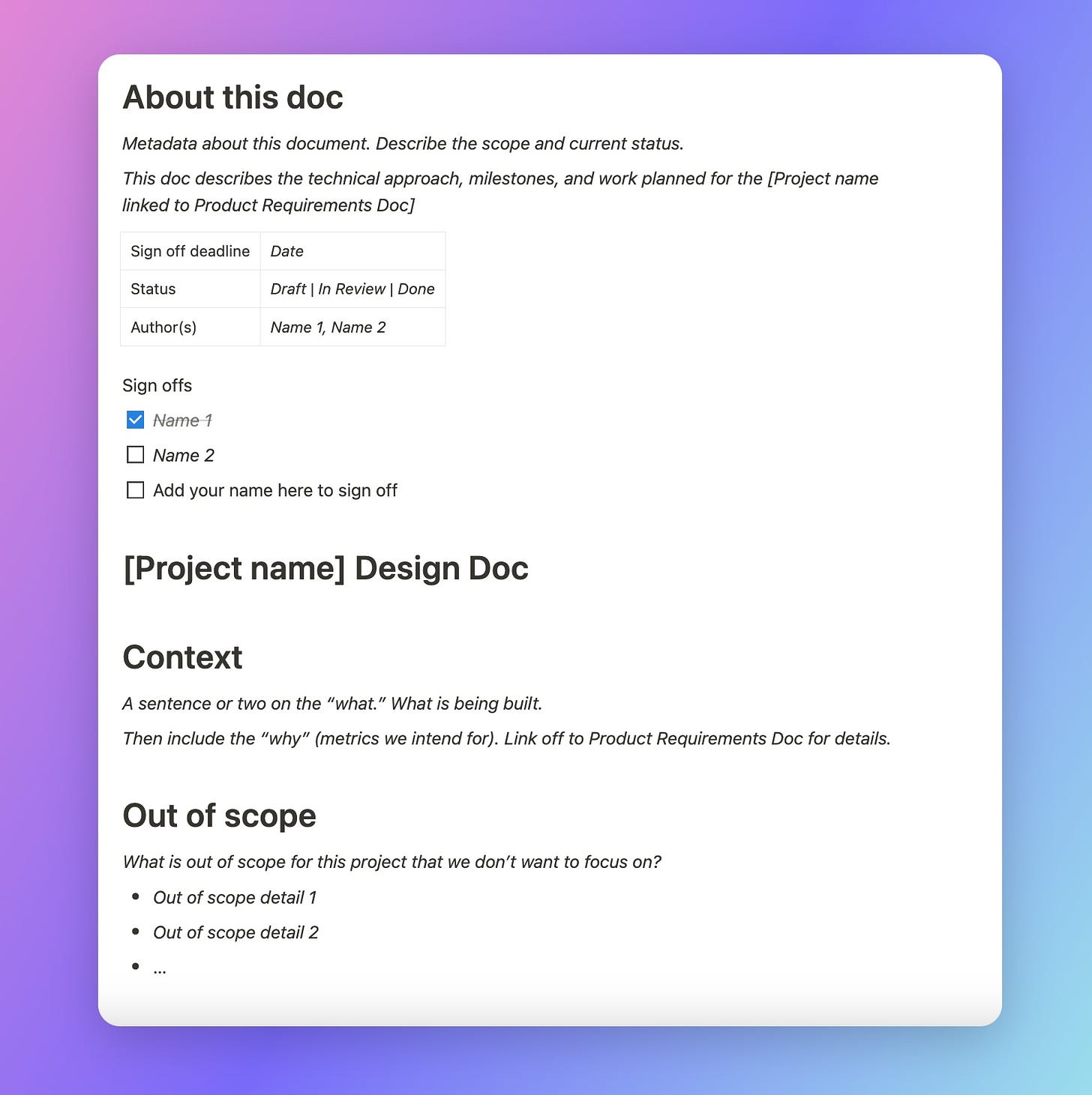 Preview of the technical design doc template