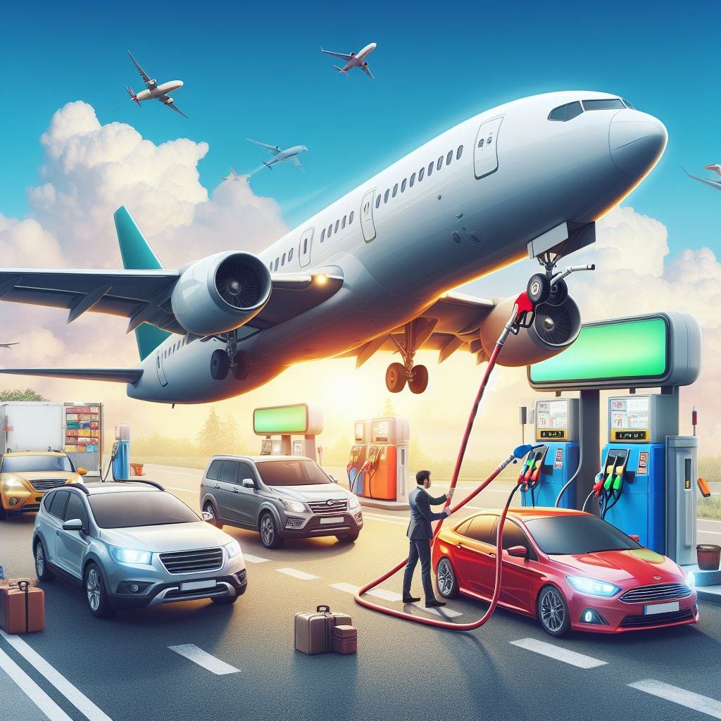 create an image of an airplane filling up at a regular car petrol station pulling into the pump alongside other cars