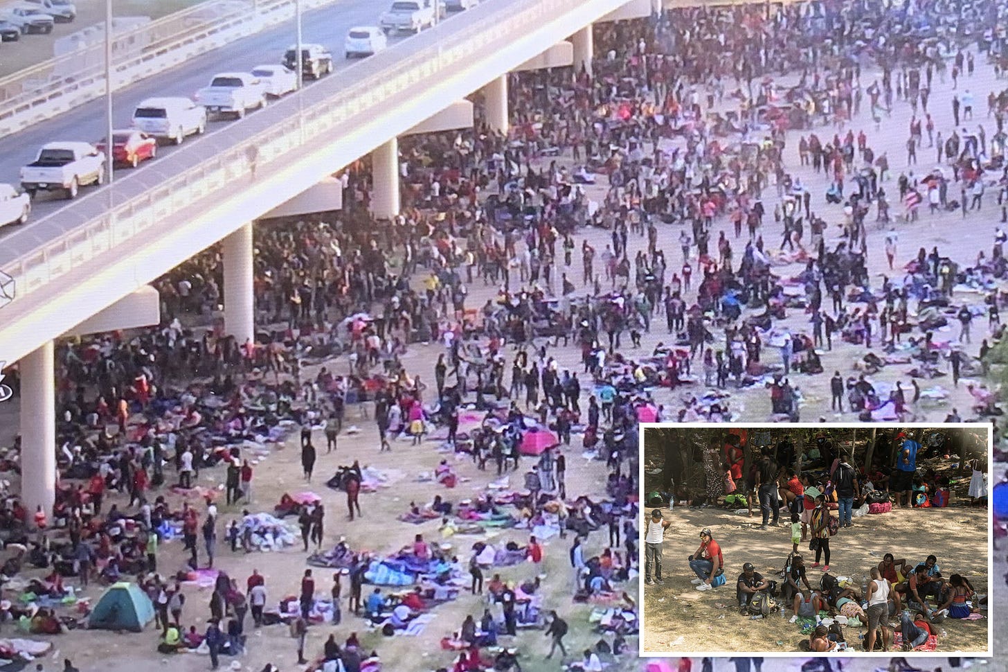 Migrant crowd waiting under Texas border bridge doubles overnight