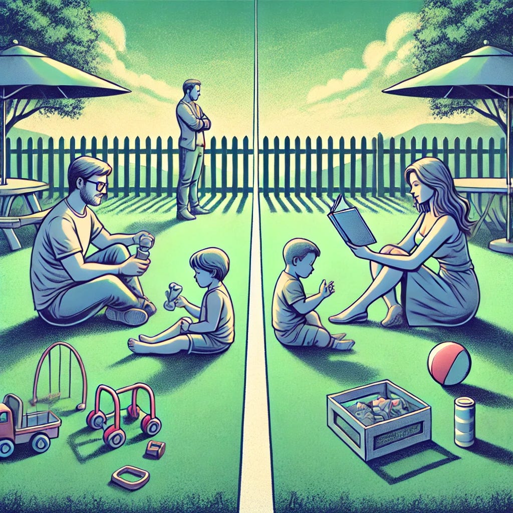 An illustration of two parents on opposite sides of a parallel path, separated by a clear, defined line. Each parent is interacting with a child in their own space—one parent playing with toys, the other reading a book—while the child appears content and unaffected by the division. The background features a peaceful park setting, symbolizing stability and harmony despite the separation. The color palette includes calming greens and blues to emphasize tranquility and balance.