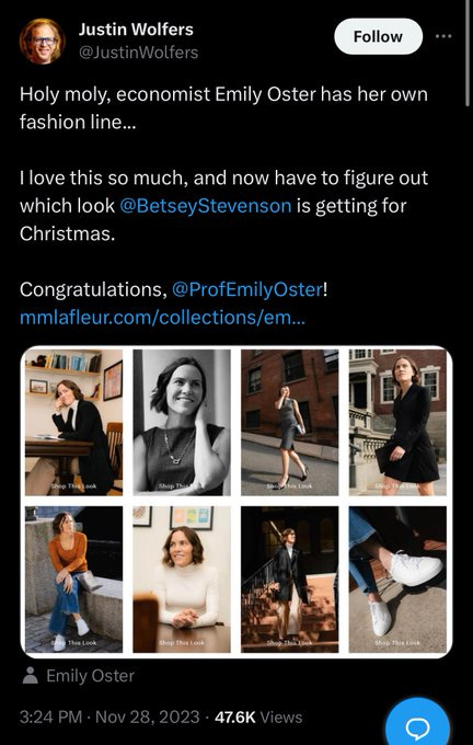 Image Justin Wolfer tweets congratulations to Emily Oster for hew new painfully generic fashion line